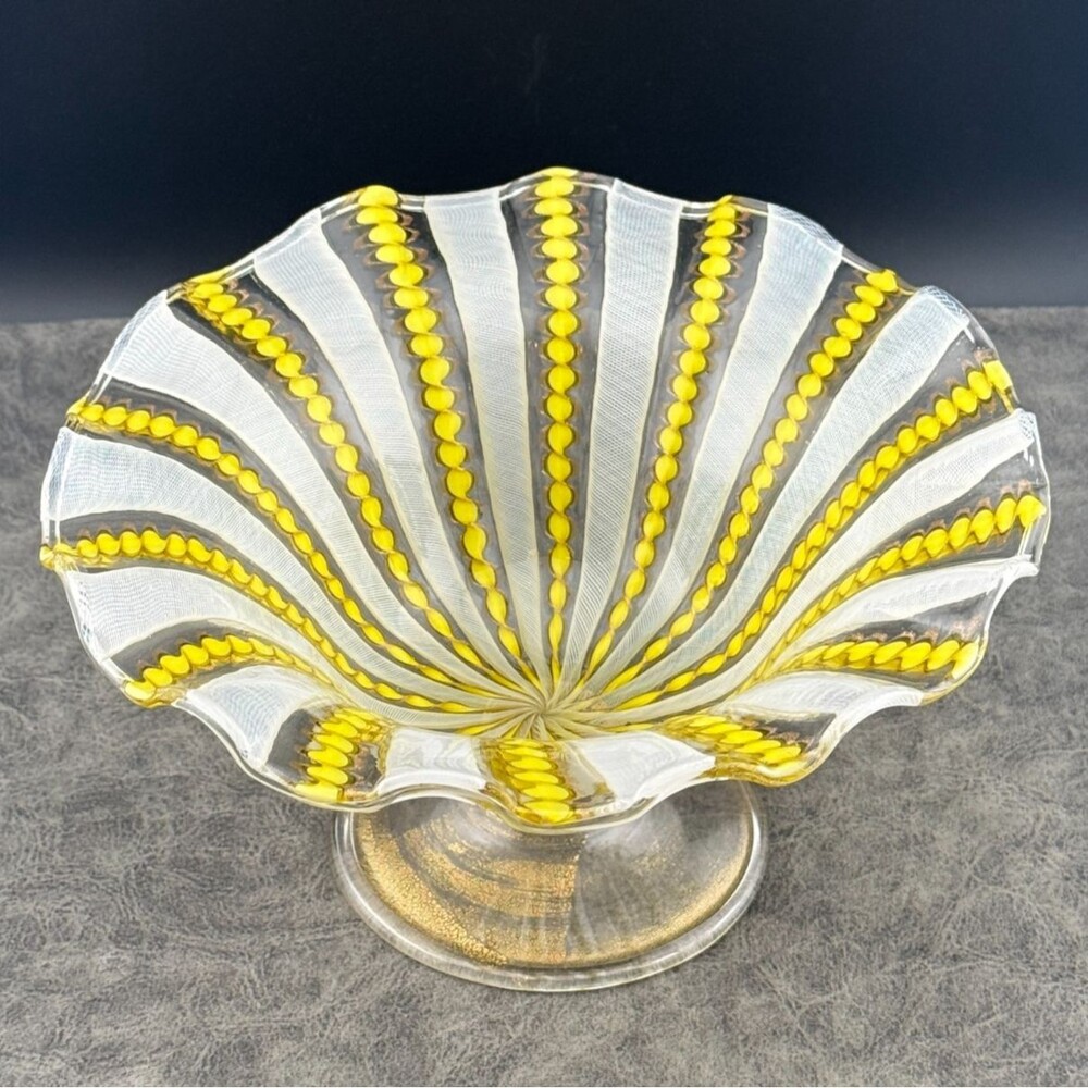 Venetian Gold Yellow Ribbons Latticino Murano Art Glass Footed Compote Dish 7"